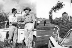 Erik Berger överlämnar en svensk flagga till Peter Hughes som vann Safarirallyt 1964.